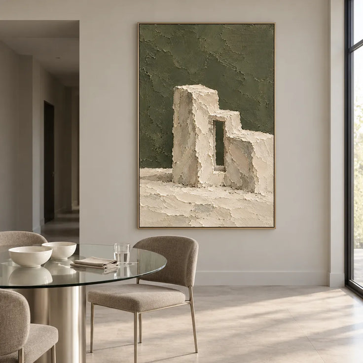 Olive Green Hand-Painted Painting, Cream Stepped Architecture #0MCLXG8H