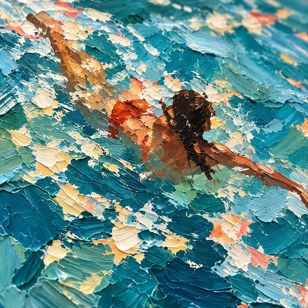 Turquoise Hand-Painted Oil Painting, Three Swimmers Viewed from Above #NL63J63Q