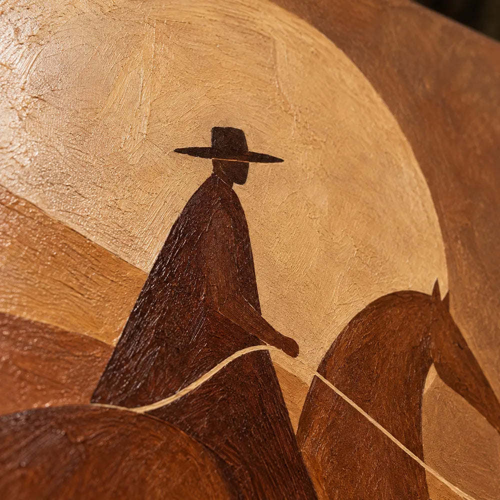 Brown Hand-Painted Oil Painting, Two Riders Beneath a Golden Sun #M7HL0PQE