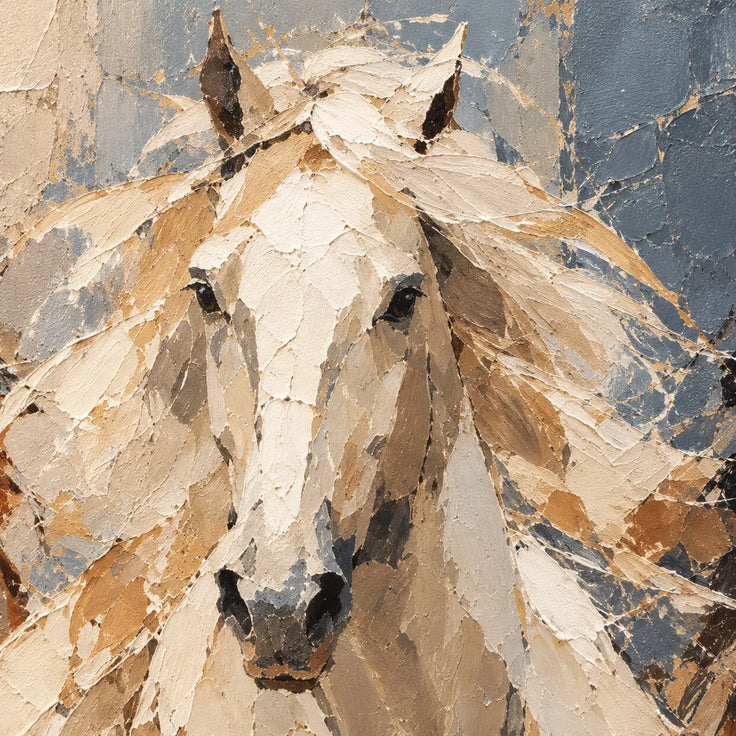 Cream and Slate Blue Hand-Painted Oil Painting, Five Running Horses #63S5E3ZM