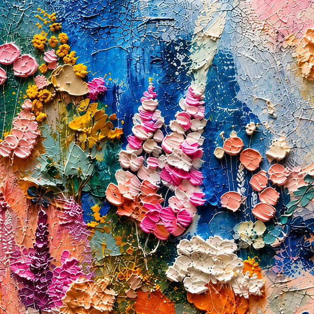 Blue and Pink Hand-Painted Oil Painting, Expressive Floral Abstract #SPCZIUW7