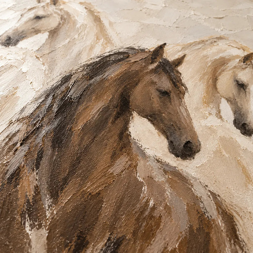 Cream and Brown Hand-Painted Oil Painting, Three Horses #FLZV73BL