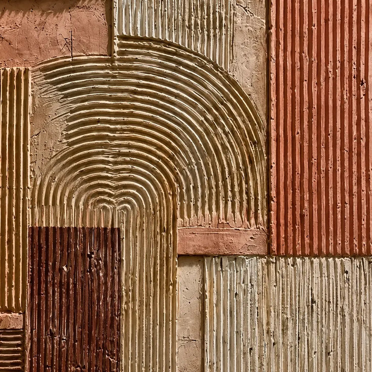 Brown and Beige Hand-Painted Oil Painting, Geometric Arches and Linear Blocks #SOT3Y088