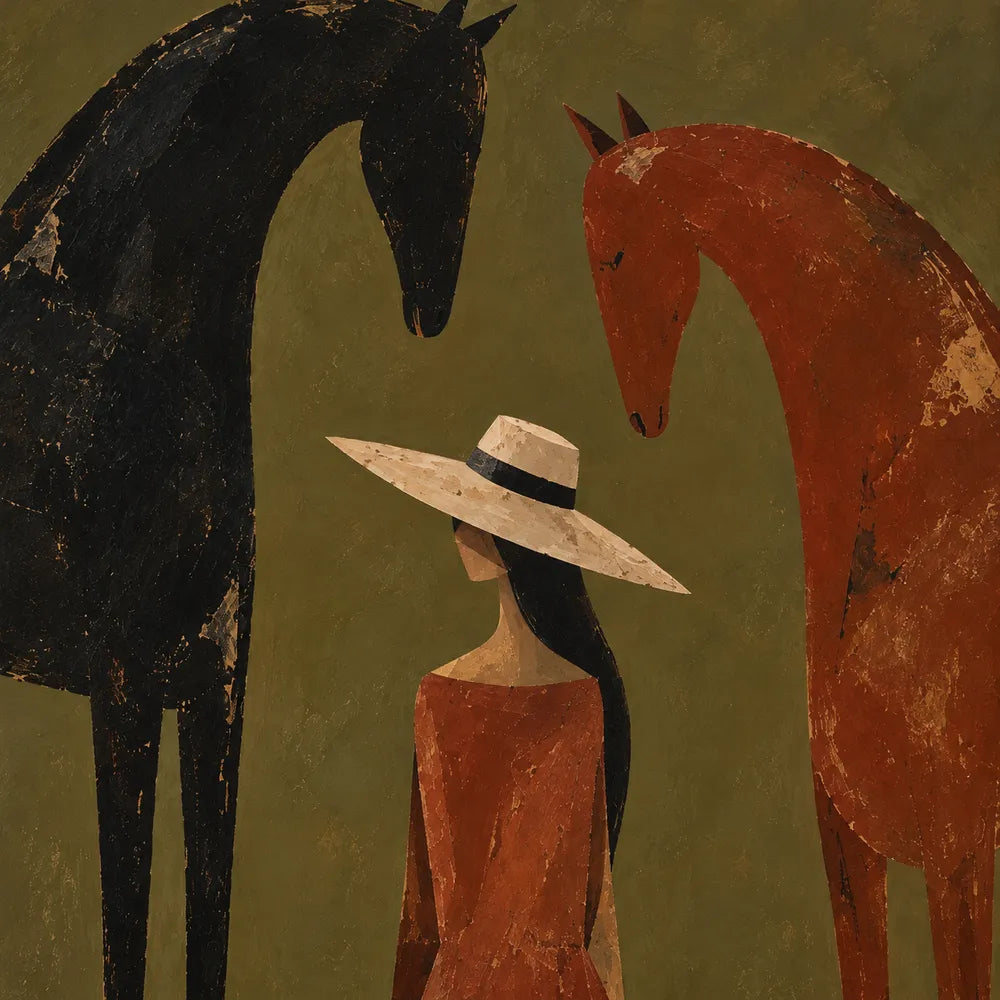 Olive & Rust Hand-Painted Oil Painting, Woman and Horses with Crescent Moon #HO11S3B9