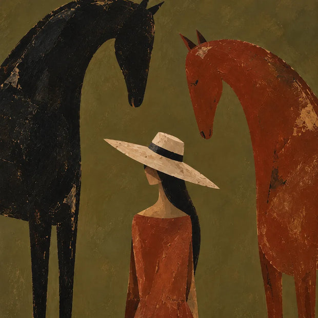Olive & Rust Hand-Painted Oil Painting, Woman and Horses with Crescent Moon #HO11S3B9