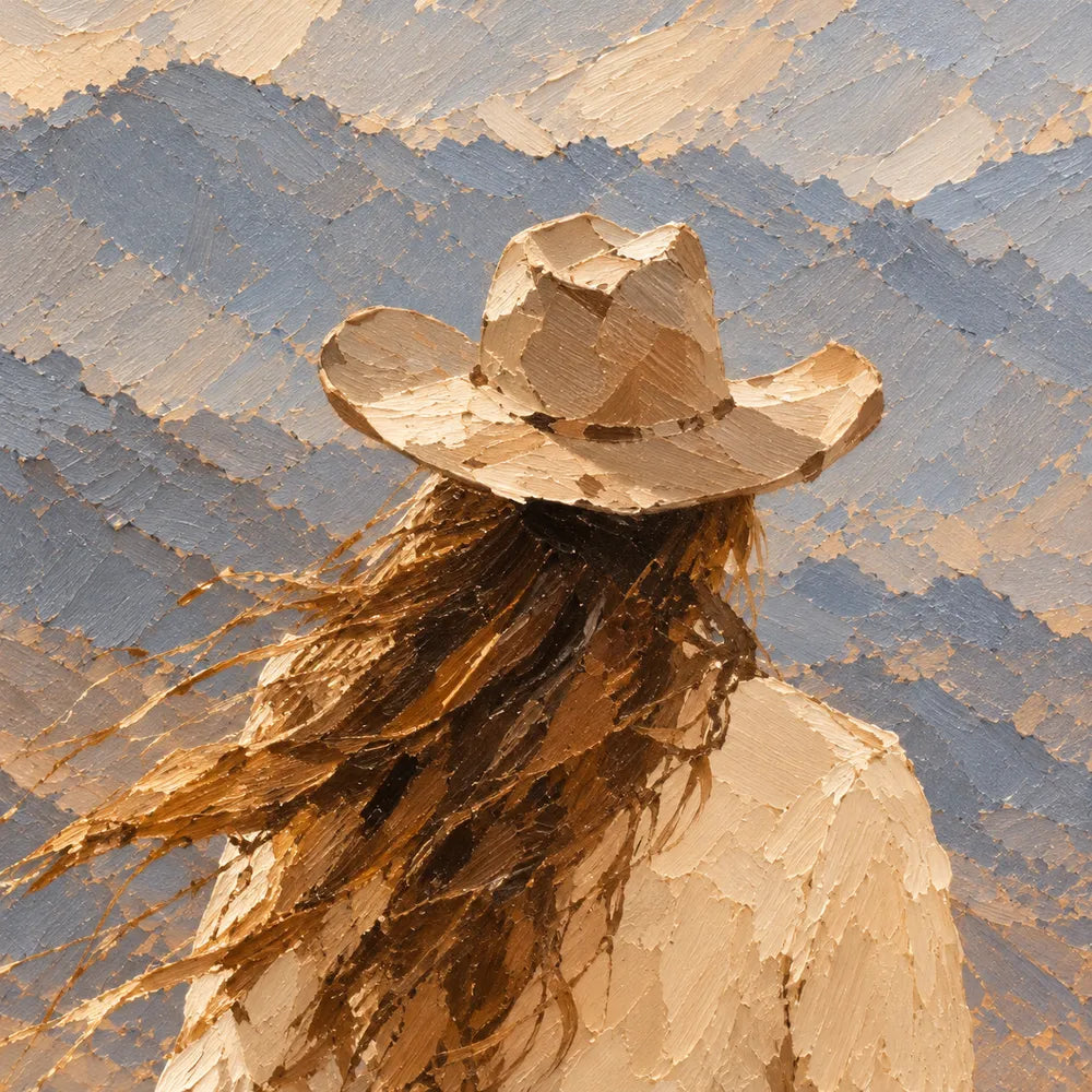 Sand and Blue Gray Hand-Painted Oil Painting, Riders Facing the Mountains #3TULKAQH