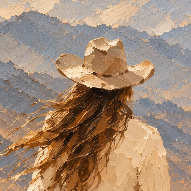 Sand and Blue Gray Hand-Painted Oil Painting, Riders Facing the Mountains #3TULKAQH