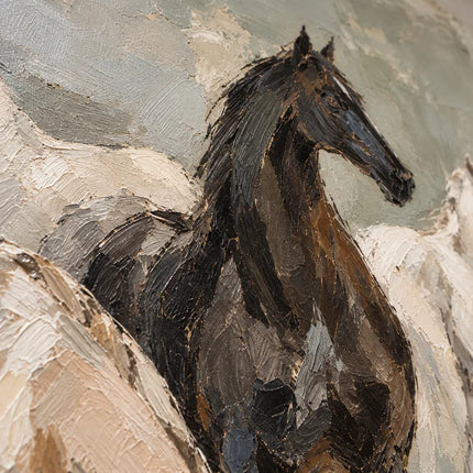 Hand-Painted Oil Painting, Four Horses at the Water in Soft Earth Tones #VUCHU1Y7