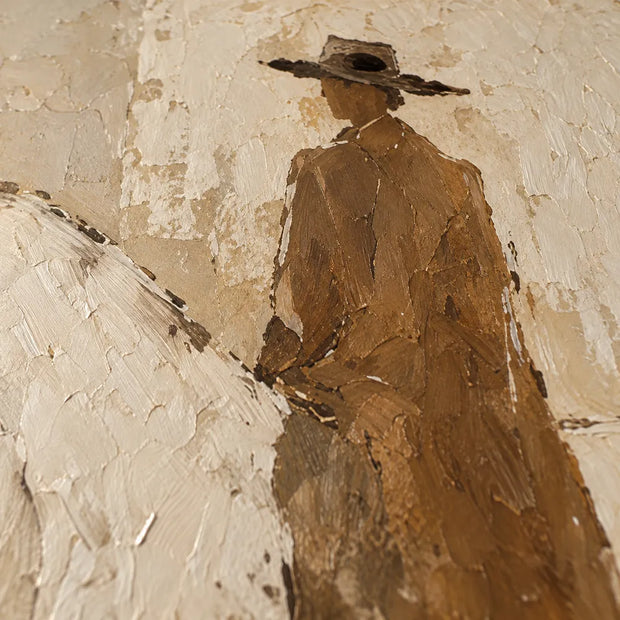 Beige and Cream Hand-Painted Oil Painting, White Horse and Brown-Clad Rider #1YZD0V5I