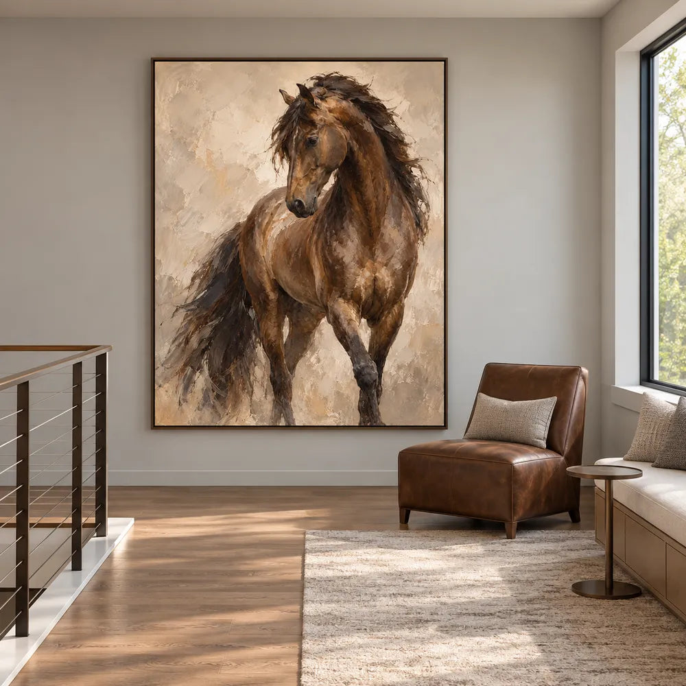 Brown & Beige Hand-Painted Oil Painting, Expressive Horse Wall Art #VSRVKISF