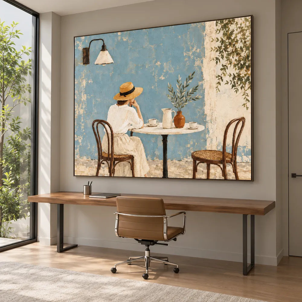 Blue Hand-Painted Oil Painting, Woman at a Cafe Table Wall Art #1IE39W18