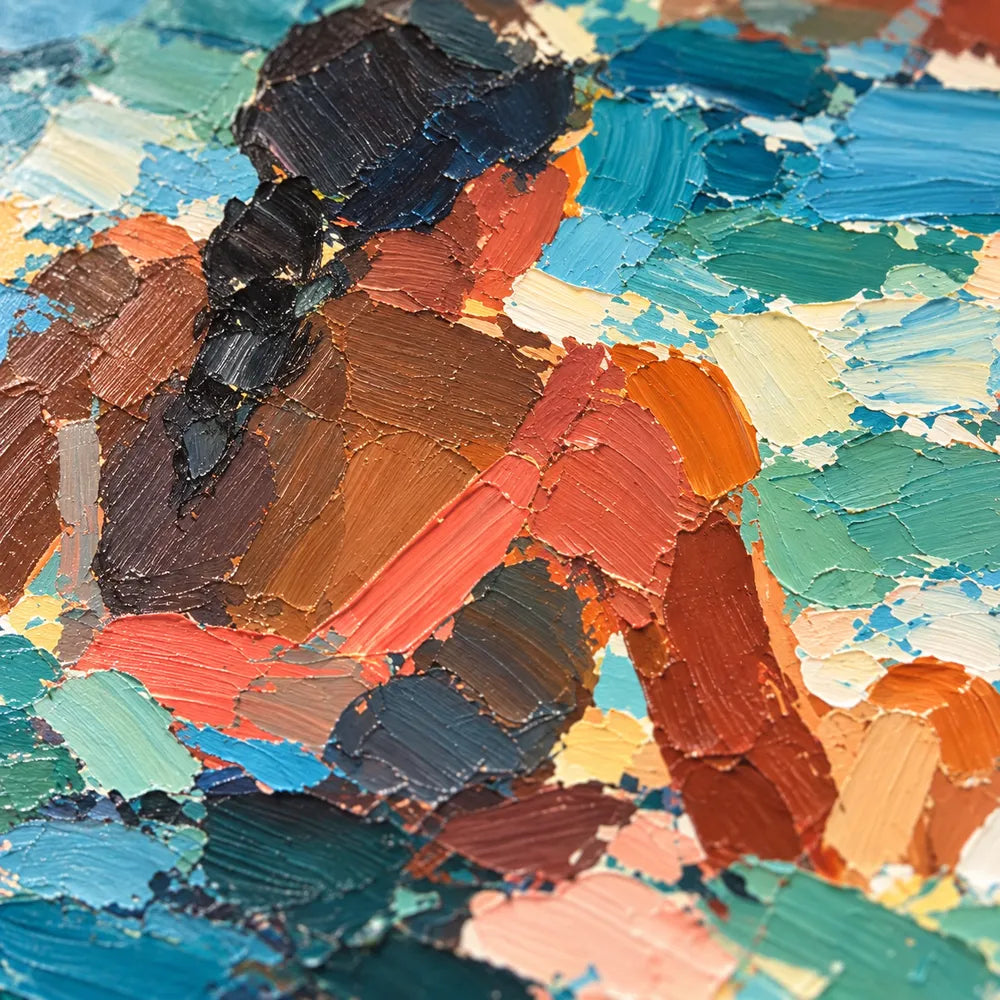 Turquoise Blue Hand-Painted Oil Painting, Seven Swimmers in Sunlit Water #2RV5N5Z4
