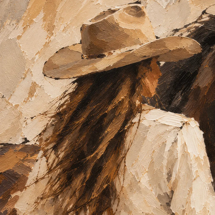 Brown and Cream Hand-Painted Oil Painting, Cowgirl Beside a Horse #JD6LI4AH