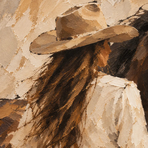 Brown and Cream Hand-Painted Oil Painting, Cowgirl Beside a Horse #JD6LI4AH