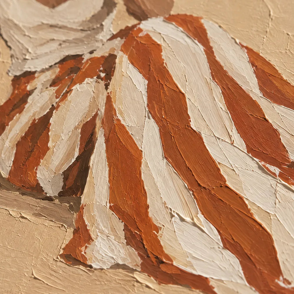 Beige Hand-Painted Oil Painting, Seated Woman with Rust and Ivory Striped Skirt #8OJBHZ91