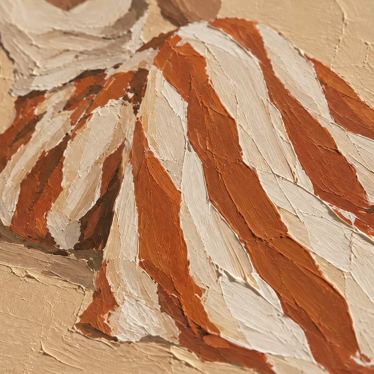 Beige Hand-Painted Oil Painting, Seated Woman with Rust and Ivory Striped Skirt #8OJBHZ91