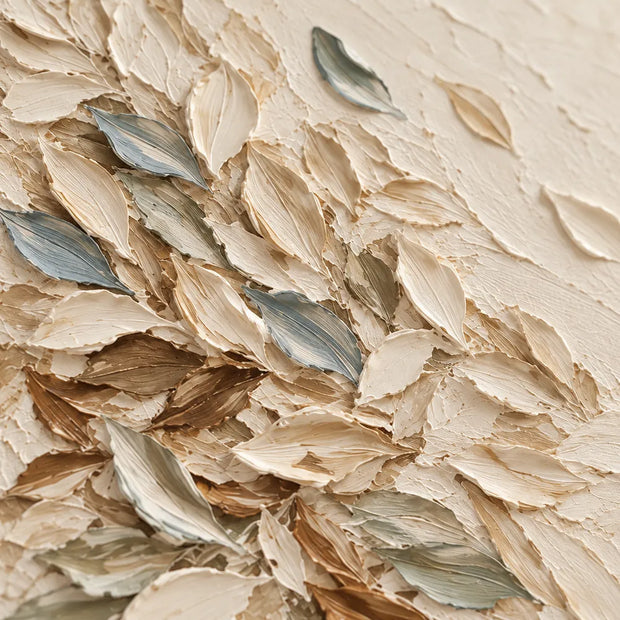 Cream Hand-Painted Oil Painting, Sweeping Leaves with Muted Blue Accents #03M1QDNU