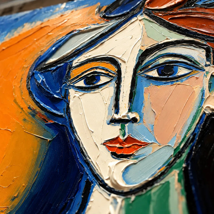 Blue and Orange Hand-Painted Oil Painting, Geometric Woman Holding Flowers #RWCVBPGR