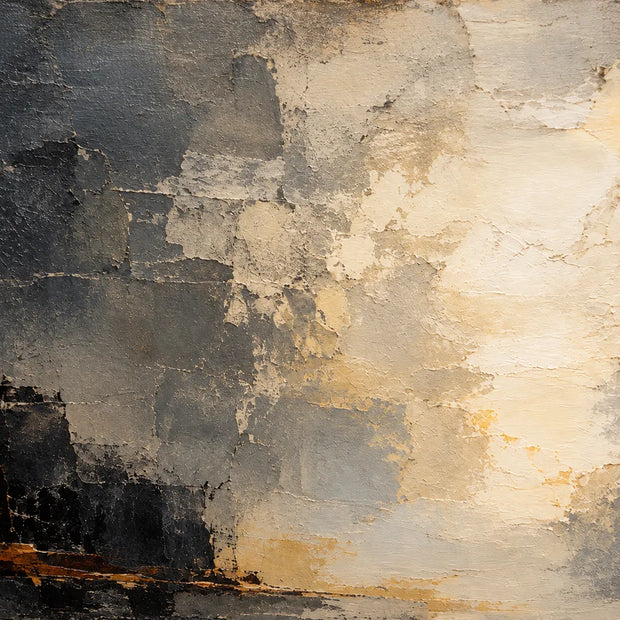 Charcoal and Cream Hand-Painted Oil Painting, Abstract Luminous Shore #AMXNLXWV
