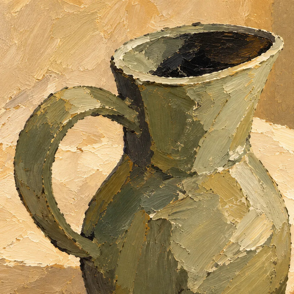 Yellow Hand-Painted Oil Painting, Pears and a Green Pitcher in Sunlight #D50B9HBJ