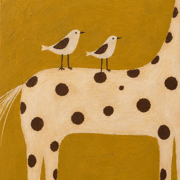 Mustard Yellow Hand-Painted Oil Painting, Spotted Horse with Two Birds #8COVKX2O