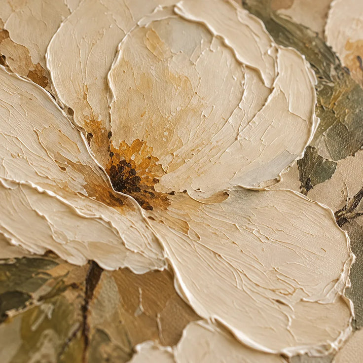 Cream Hand-Painted Oil Painting, Oversized Floral Blooms and Olive Leaves #NT8H5PRP
