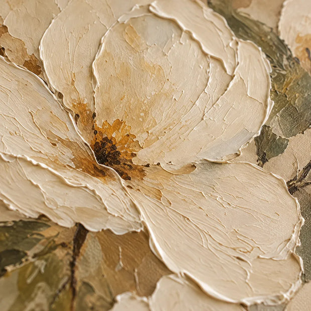 Cream Hand-Painted Oil Painting, Oversized Floral Blooms and Olive Leaves #NT8H5PRP