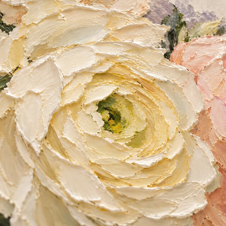 Cream Hand-Painted Oil Painting, Close-Up Peach and Ivory Flowers #22T3QUTE