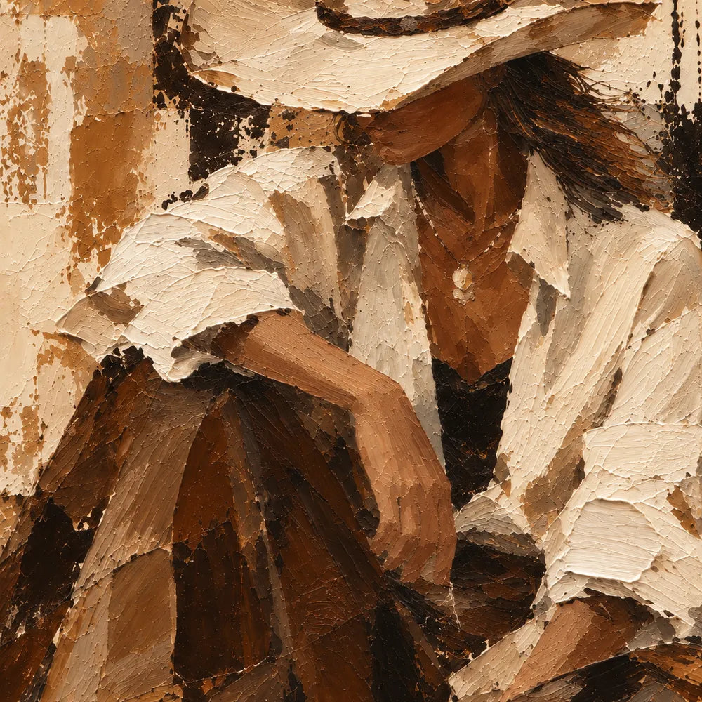 Brown and Cream Hand-Painted Oil Painting, Seated Cowgirl Portrait #E9CV57YO