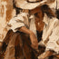 Brown and Cream Hand-Painted Oil Painting, Seated Cowgirl Portrait #E9CV57YO