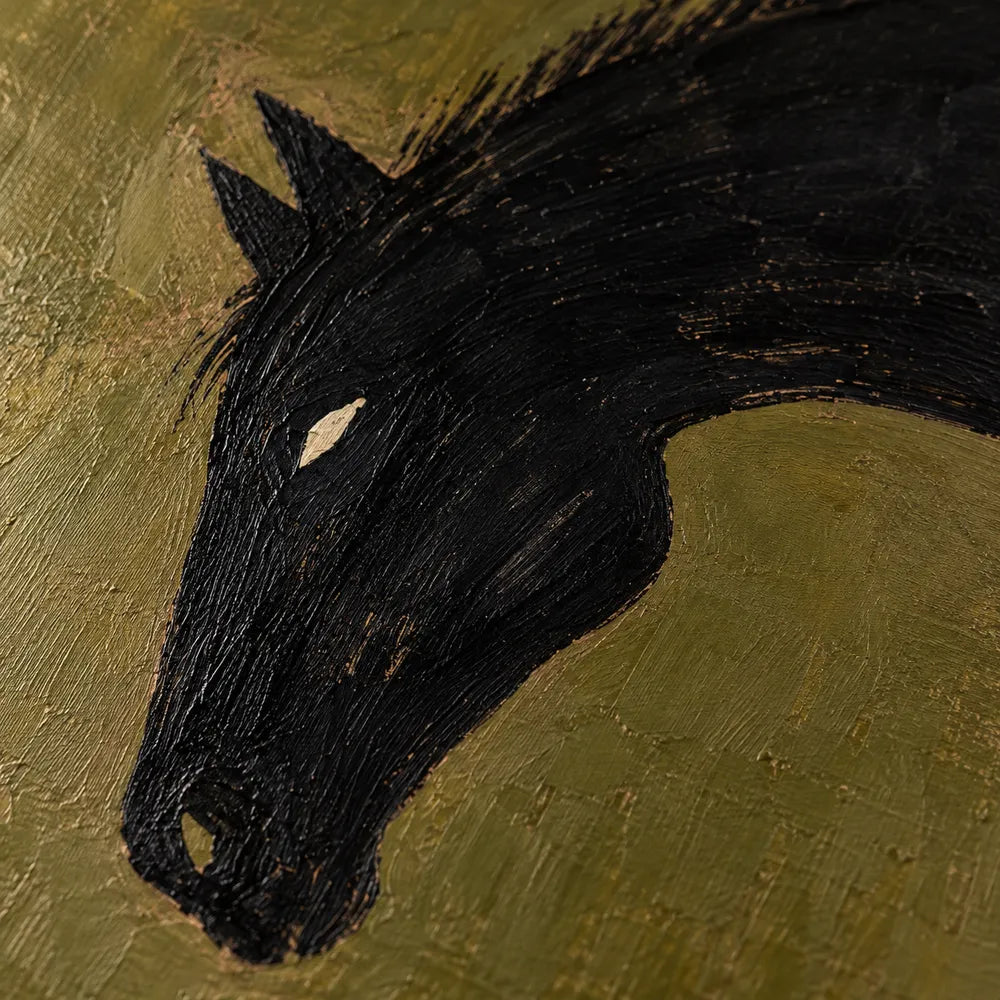 Olive Brown Hand-Painted Oil Painting, Black Horse and Reclining Figure #9MFNIU84