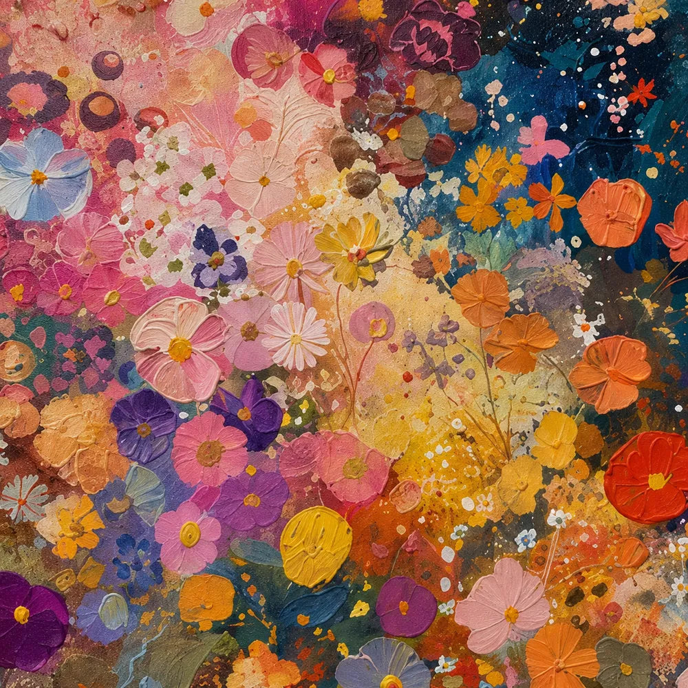 Deep Blue and Pink Hand-Painted Oil Painting, Colorful Flower Meadow #PG0DH31L