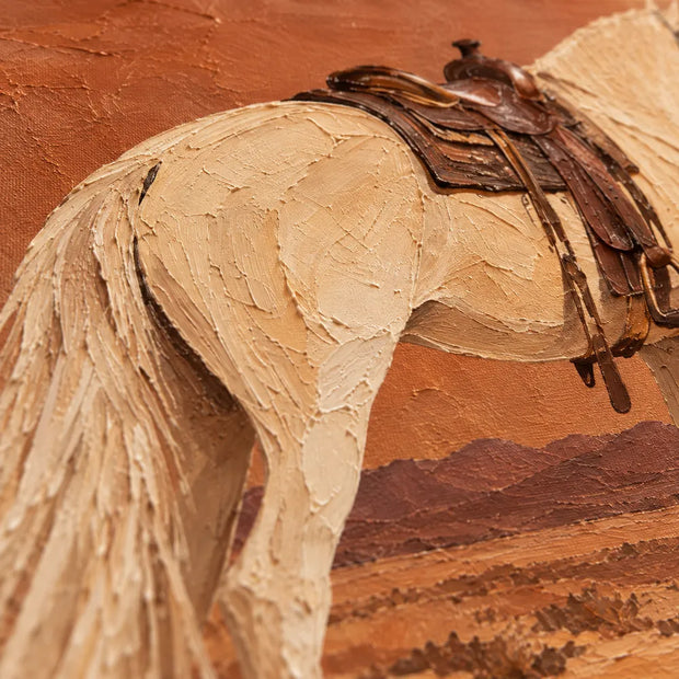 Rust Orange Hand-Painted Oil Painting, Cowgirl and White Horse in the Desert #209BR44A
