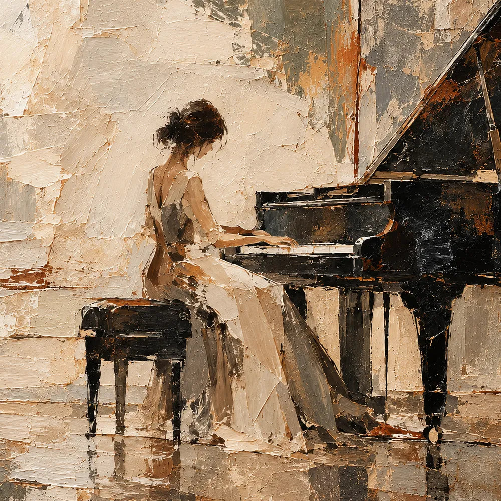 Earth-Tone Hand-Painted Oil Painting, Pianist at a Grand Piano #AQ4V2RU3