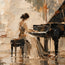 Earth-Tone Hand-Painted Oil Painting, Pianist at a Grand Piano #AQ4V2RU3