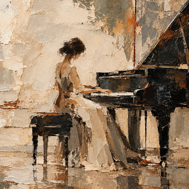 Earth-Tone Hand-Painted Oil Painting, Pianist at a Grand Piano #AQ4V2RU3