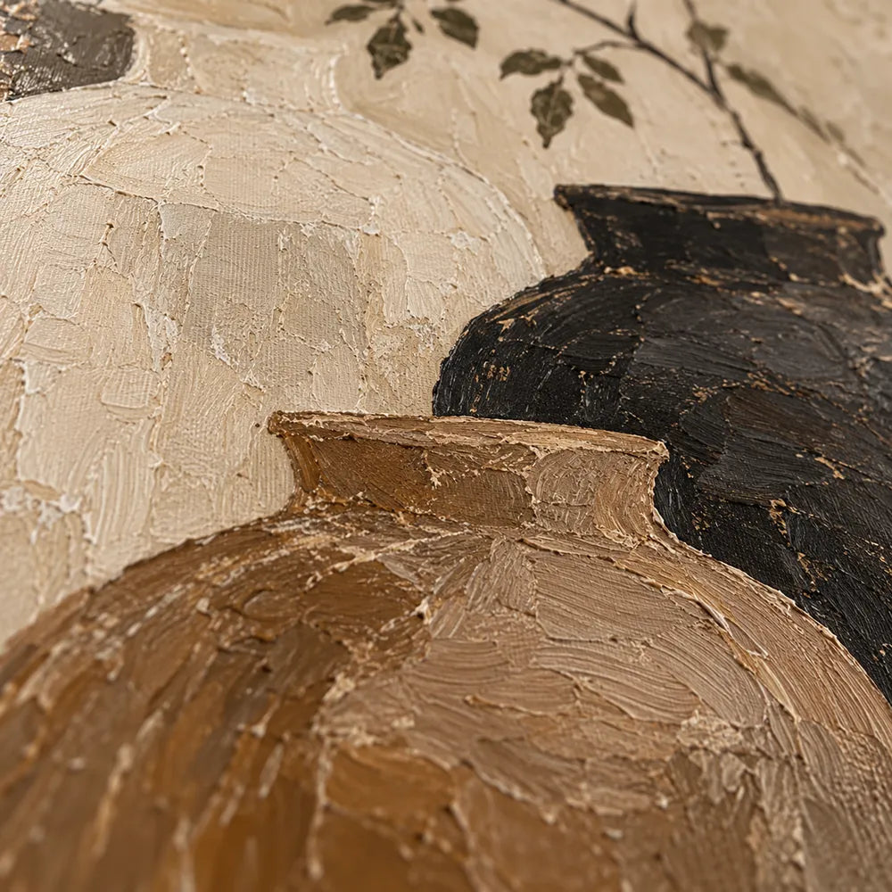 Beige and Brown Hand-Painted Oil Painting, Three Vessels and Leafy Branch #59QDYF0X
