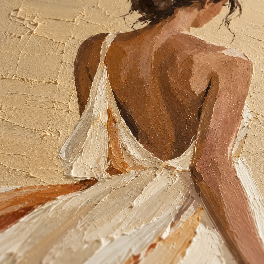 Beige and Cream Hand-Painted Oil Painting, Woman in a Flowing White Dress #5PM5BZHA