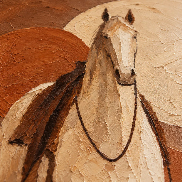 Earth-Tone Hand-Painted Oil Painting, Tall White Horse and Cowboy #SSW3XYPZ