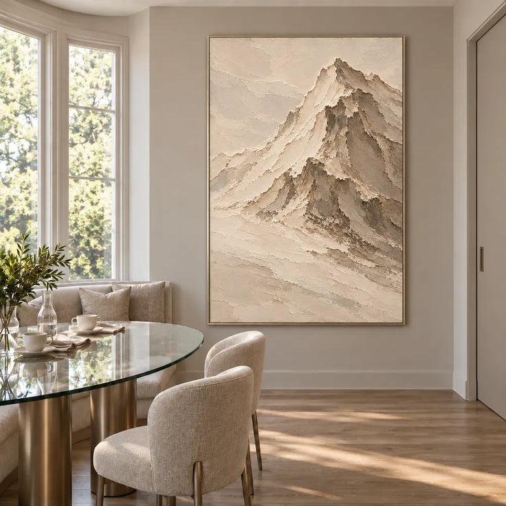 Beige Hand-Painted Mountain Painting, Asymmetric Cream Summit #LEVVY5F3