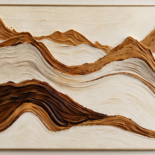 Cream & Brown Hand-Painted 3D Textured Oil Painting, Panoramic Mountain Landscape Wall Art #L7N7S073