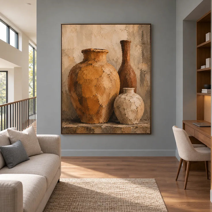 Ochre & Cream Hand-Painted Oil Painting, Three-Vessel Still Life Wall Art #198HZFBY