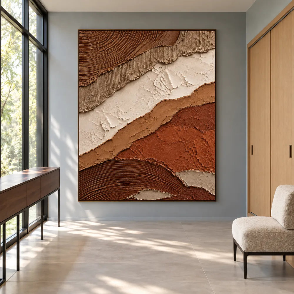Brown & Ivory Hand-Painted 3D Textured Oil Painting, Diagonal Earth-Tone Abstract Wall Art #S6B3TVFK