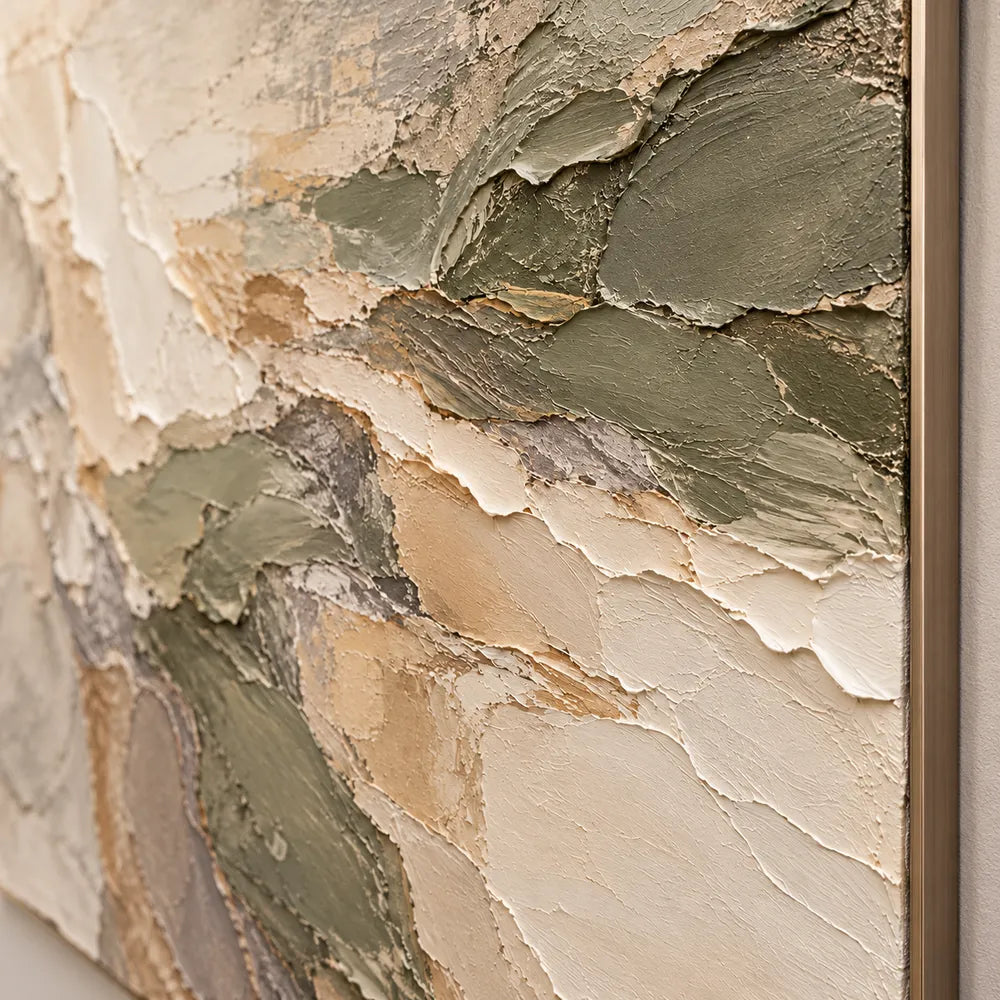 Cream and Olive Hand-Painted 3D Textured Oil Painting, Interlocking Abstract Layers #5NBBMJRS
