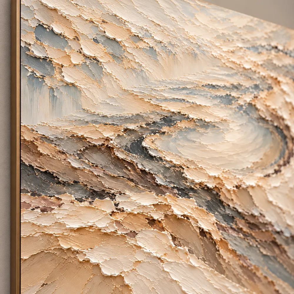 Cream and Taupe Hand-Painted 3D Textured Oil Painting, Terraced Abstract Landscape #RBCLZPS2
