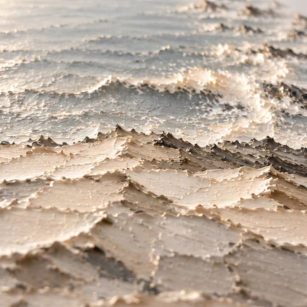 Ivory Gray Hand-Painted 3D Textured Oil Painting, Rocky Seascape Wall Art #3B8T60SA