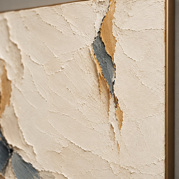Cream and Charcoal Hand-Painted 3D Textured Oil Painting, Layered Abstract Planes #PZV3FE5N