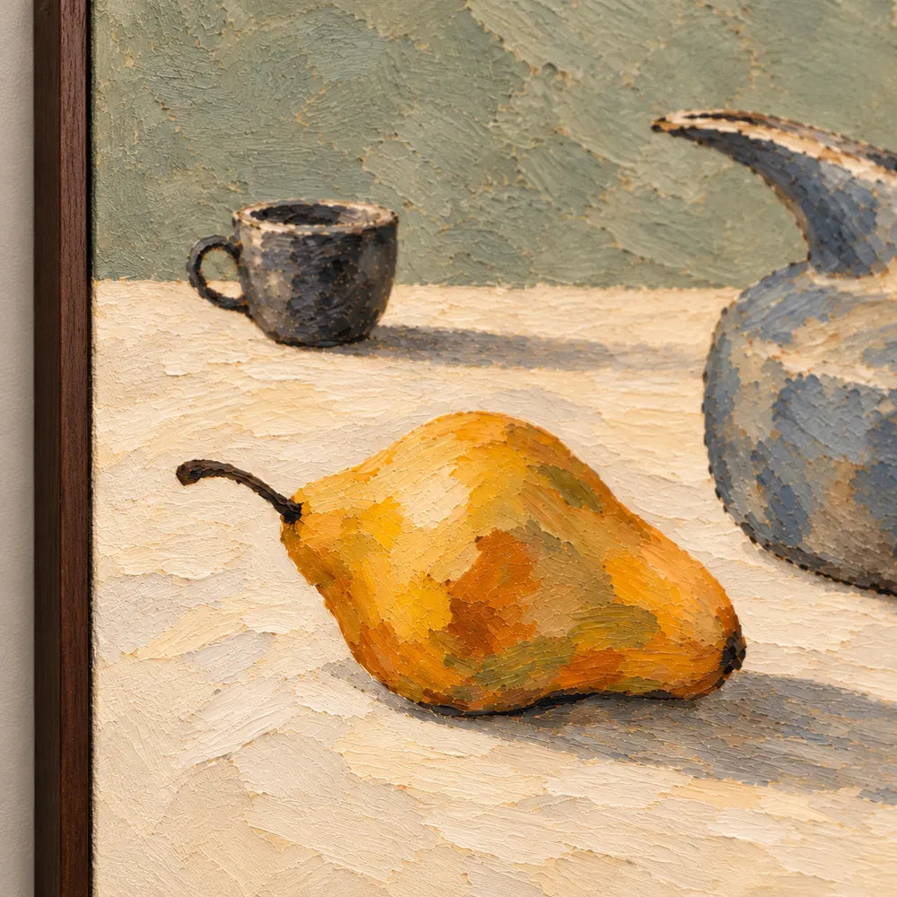 Sage Blue Hand-Painted Oil Painting, Low Jug, Golden Pear and Small Cup Still Life #O7T5XMCM