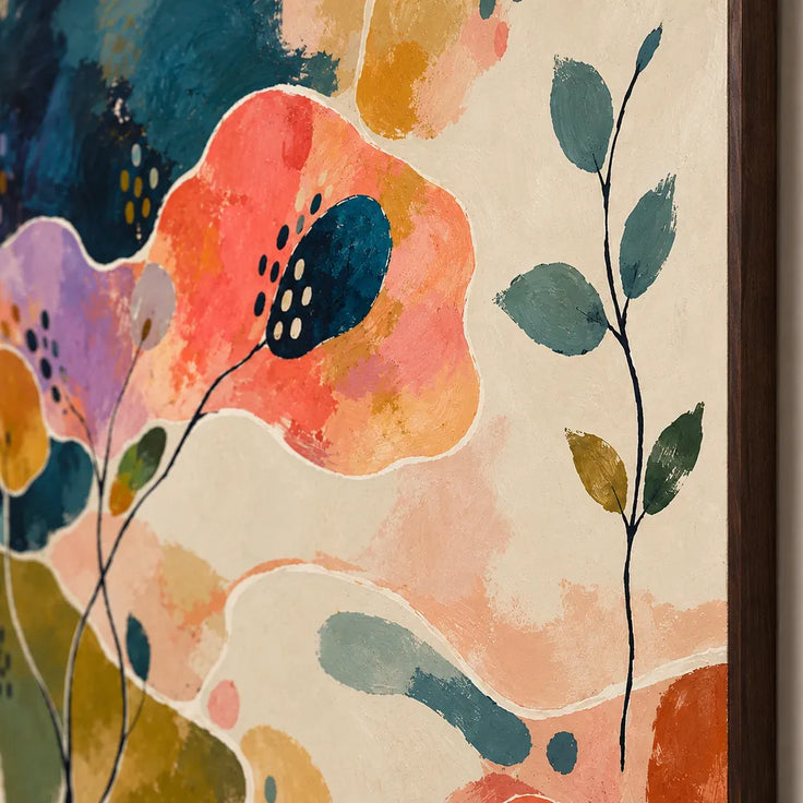 Multicolor Hand-Painted Oil Painting, Coral and Lilac Botanical Abstract with Fine Stems #T9RL2OLH