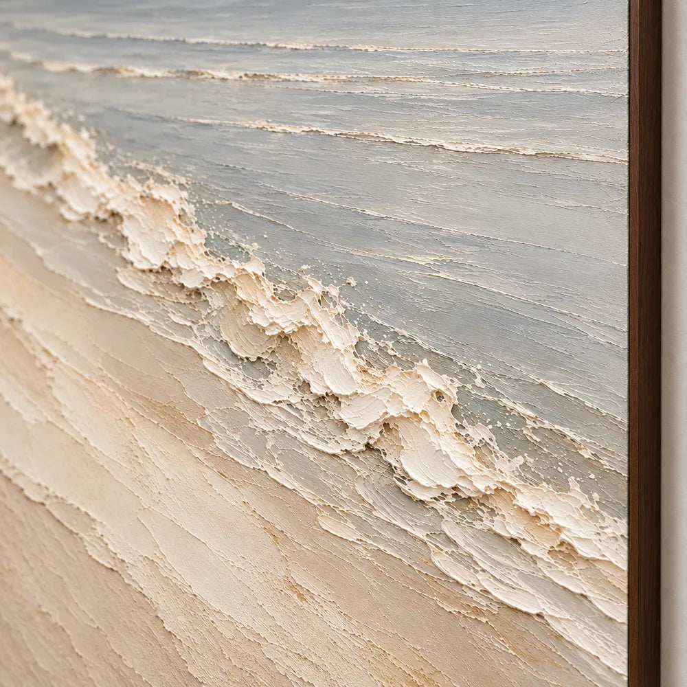Ivory Gray Hand-Painted Oil Painting, Diagonal Shoreline Wave on a Pale Beach #A63VT0KF
